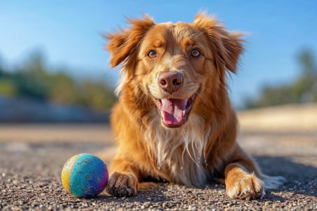 Older dog playing with a colorful ball in a sunny park with a clear blue sky in the background