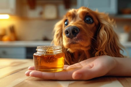 Cocker Spaniel with sad eyes looking at maple syrup held by an owner in a kitchen