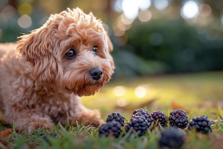 Cockapoo dog standing near fallen mulberries in a serene garden, sniffing the fruit curiously