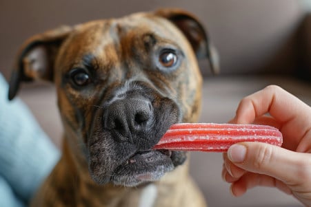 Boxer dog looking curiously at a red Twizzler candy being taken away by its owner in a cozy living room