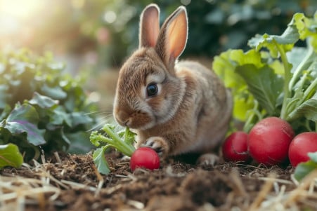 Small Netherland Dwarf rabbit sniffing a bright red radish next to hay in a home garden