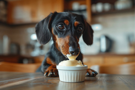 Curious Dachshund sniffing a spoonful of sour cream in a softly blurred home setting