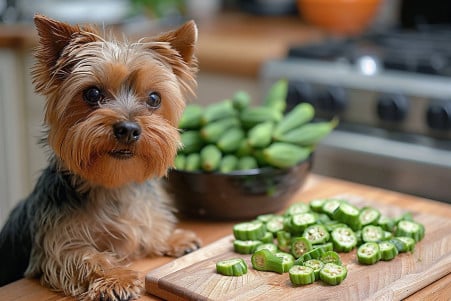 Cheerful Yorkshire Terrier attentively watching as its owner slices okra in a well-lit kitchen