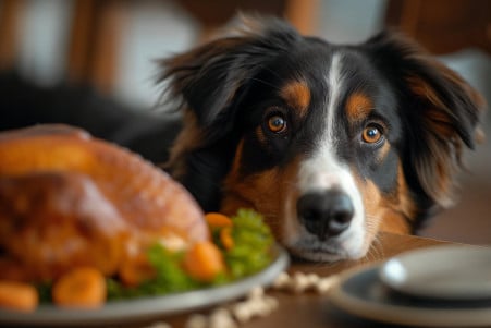 Vigilant Australian Shepherd dog eyeing a plate of roasted turkey with scattered bones on a dining table