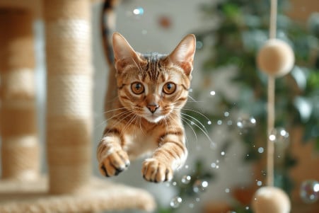 Energetic cat leaping with a toy in its mouth among cat enrichment toys and a climbing tree