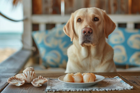 Beige Labrador Retriever sitting in front of a dish with cooked scallops in a beach-themed kitchen