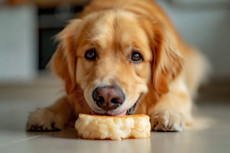 Cheerful Golden Retriever sitting on the floor at home, looking at a plain rice cake
