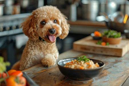 Curious poodle eyeing a bowl of hummus on a table, with the owner in the background preparing dog-safe dishes