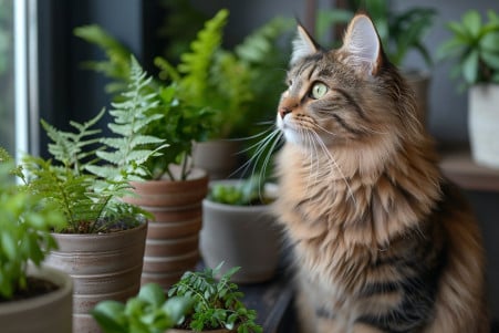 Fluffy Siberian cat sitting beside pots of real ferns in a home with various houseplants
