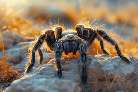 Tarantula in a desert habitat, raising its front legs in a defensive posture with dry plants in the background