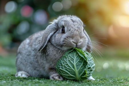 Adorable small lop-eared rabbit with a soft grey coat nibbling on a green cabbage leaf, set against a blurred grassy and garden background