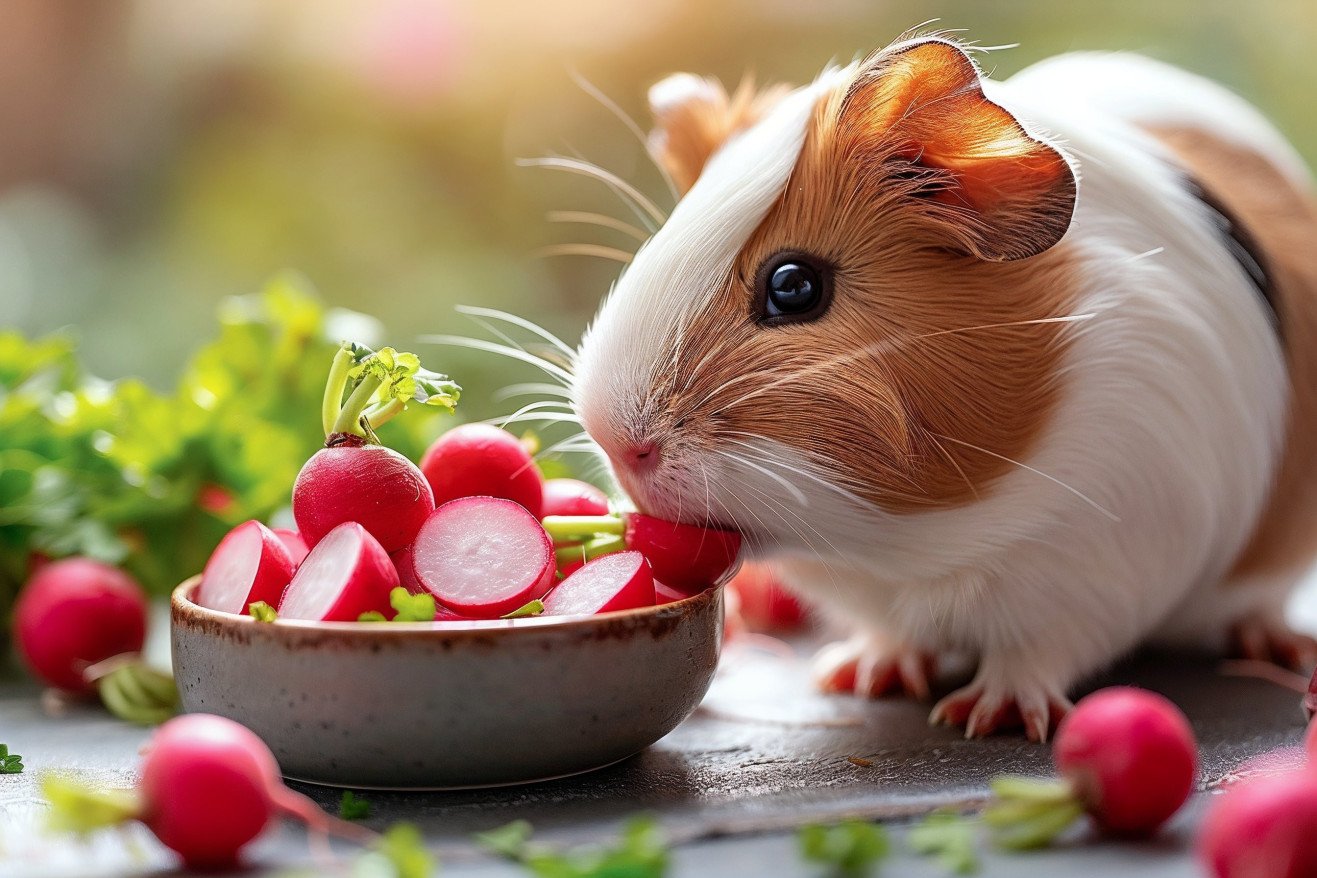American Guinea Pig with a white and caramel coat nibbling on radish on a natural-colored surface