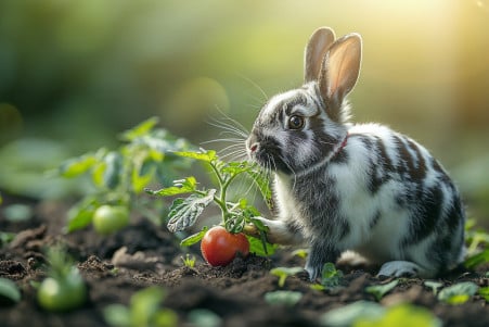 Checkered black and white rabbit nibbling on tomato plant leaves in a sunny garden