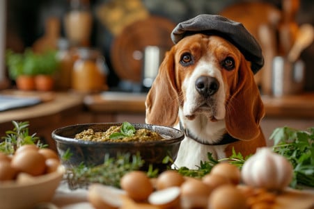 Beagle wearing a chef's hat sitting in a kitchen, looking eagerly at a bowl of dog-safe pesto with kitchen utensils and herbs in the background