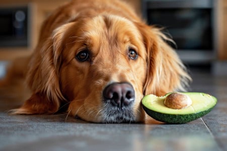 Golden retriever curiously looking at a piece of avocado on the floor in a kitchen, with no contact