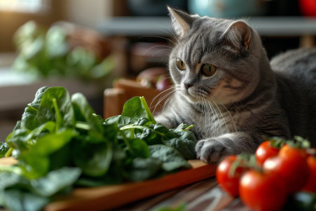 Inquisitive grey British Shorthair cat sniffing at fresh spinach leaves on a wooden table