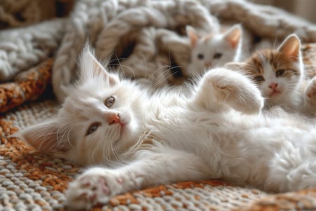 White Turkish Angora cat lying on its back on a rug, with kittens walking over and the cat's belly in focus
