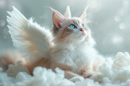 Blue-eyed Ragdoll cat with angel wings sitting on a cloud against a heavenly background