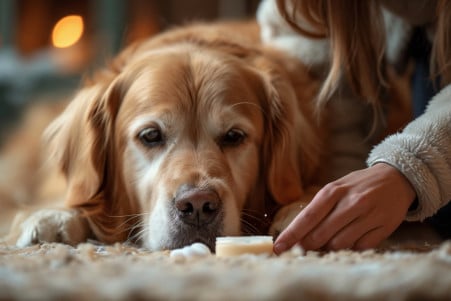 Owner gently applying Aquaphor to a Golden Retriever's paw injury indoors