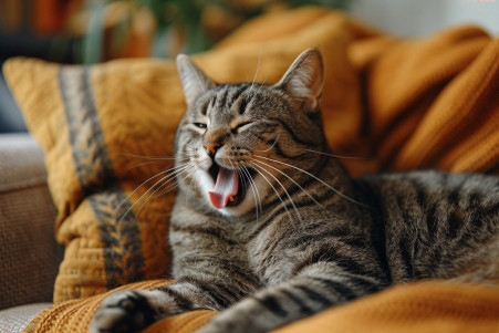 Grey tabby cat mid-yawn with tongue out on a cozy brown sofa