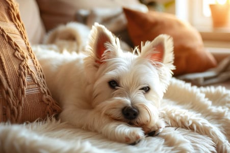 White West Highland Terrier gently licking its paw on a fluffy rug with sunlight from a window