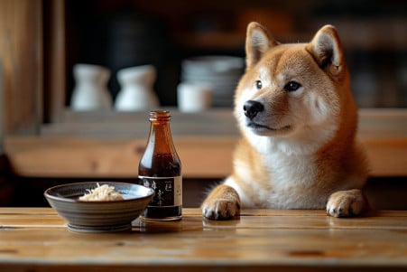 Thoughtful Shiba Inu sitting at a dining table, looking away from a soy sauce bottle and a bowl