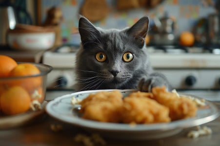 Russian Blue cat eyeing a plate of fried chicken with bones on a kitchen counter