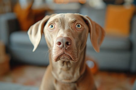 Confused Weimaraner with head tilt and furrowed brows in a blurry living room