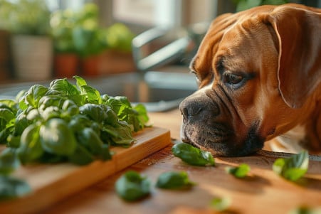 Attentive Boxer dog looking at fresh basil leaves on a chopping board in a sunny kitchen