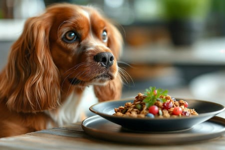 Cavalier King Charles Spaniel examining a bowl of granola with dried berries in a sunny kitchen