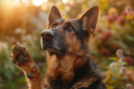 Tall, brown dog sitting in a garden, weakly raising its paw in a farewell gesture, amidst a serene atmosphere