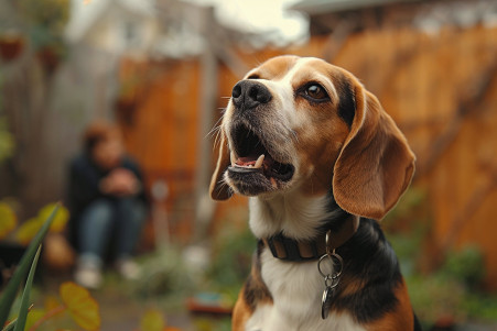 Beagle barking in a backyard with a stopwatch and a concerned neighbor peeking over the fence