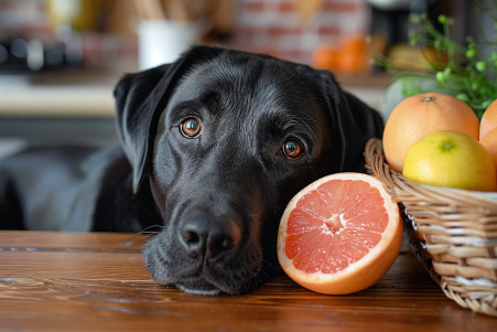 Black Labrador Retriever hesitantly sniffing a grapefruit on a kitchen counter with a basket of dog-safe fruits in the background