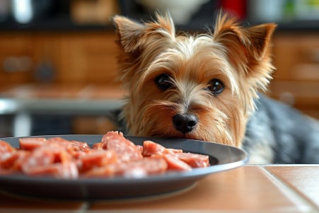 Concerned Yorkshire Terrier looking at slices of bologna on a kitchen floor, pondering the risks of processed meats