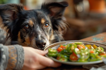 Concerned Australian Shepherd Dog looking at sliced jalapenos on a counter with a protective hand above the plate