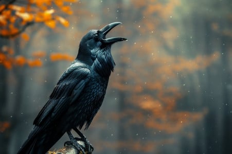 A shiny black raven with an open beak perched on a branch in a misty forest