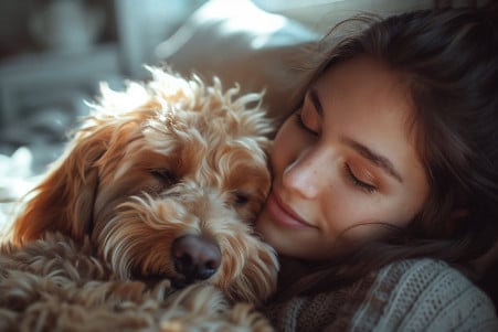 Woman cuddling with her goldendoodle on a bed in a sunlit, cozy room