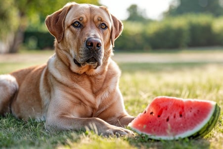 Happy dog sitting and looking at a slice of watermelon in a sunny summer setting