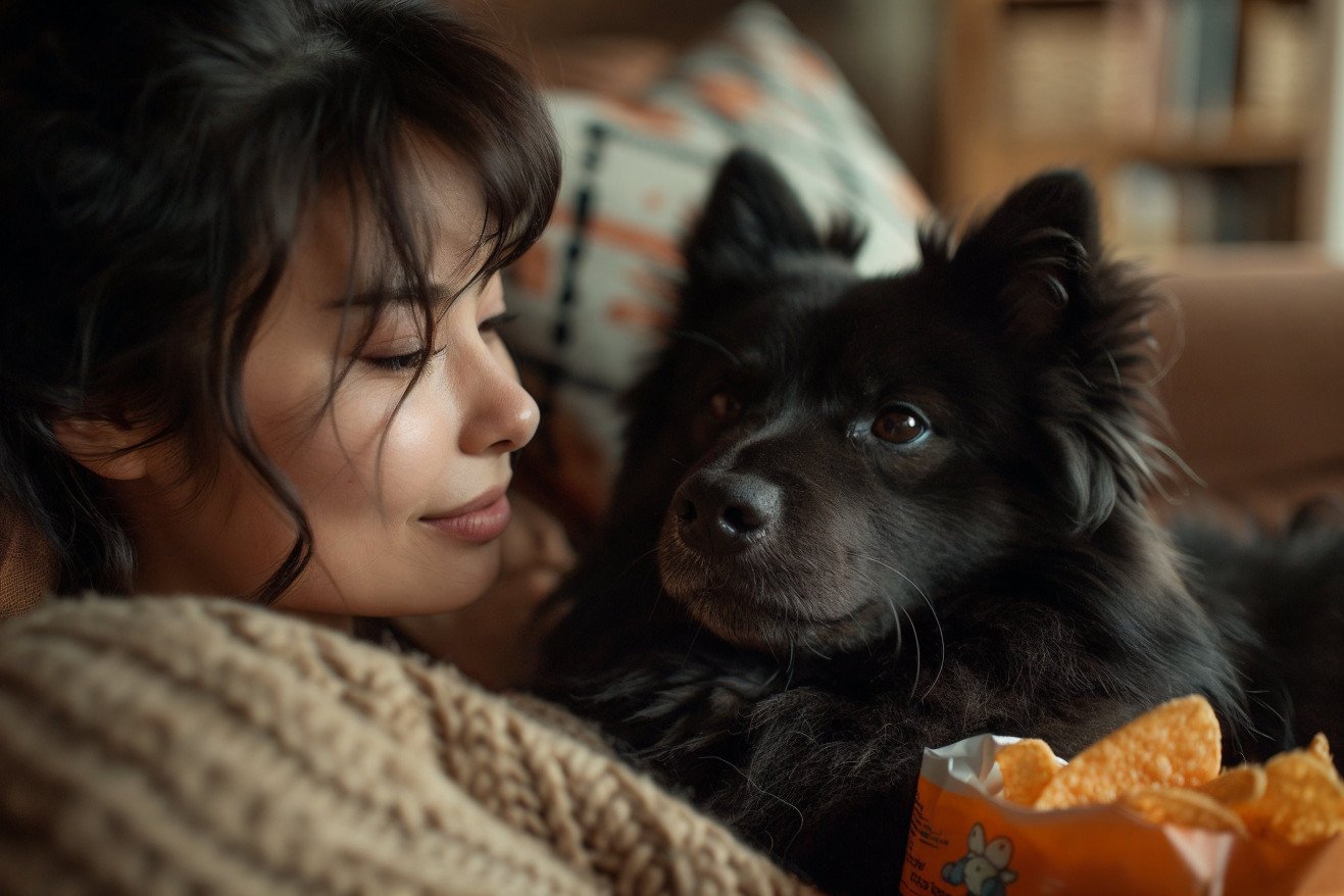 Woman on a couch cuddling a fluffy black dog while holding an open bag of Doritos, in a cozy living room