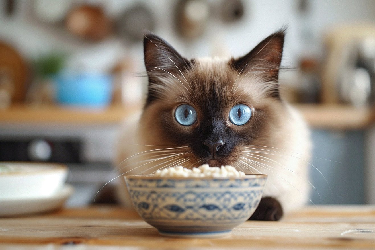 Blue-eyed Siamese cat sniffing a bowl of plain cooked oatmeal on a kitchen table