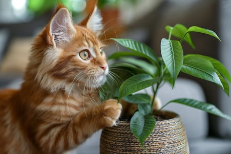 Fluffy orange cat pawing playfully at the leaves of a potted money tree in a blurred living room
