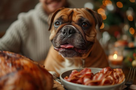 Cheerful man offering turkey bacon to his attentive Bulldog, with a festive dining table in the background