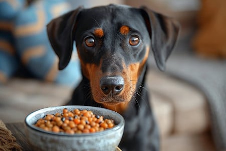 Tall, slender black dog sitting in a living room, offered a bowl of cooked black-eyed peas