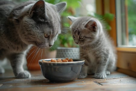 Blue Russian kitten trying to eat adult cat food with a British Shorthair in the background