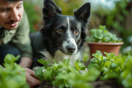 Man in a garden moving a citronella plant pot away from a curious black and white Border Collie
