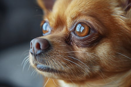 Close-up of a brown Chihuahua with trimmed whiskers and curious amber eyes in a living room