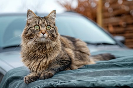 Fluffy Siberian cat sitting on the hood of a car with a car cover as a deterrent in a sunny driveway