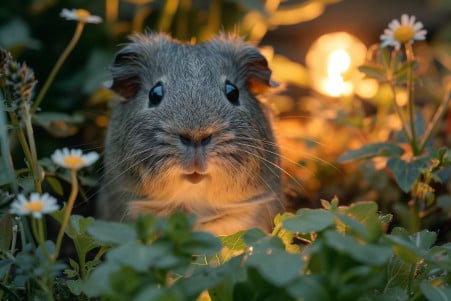 Alert guinea pig in a nighttime garden using its senses to navigate the twilight