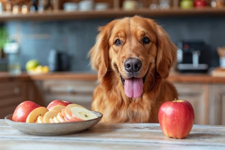 Happy dog eating apple slices from a bowl in a kitchen setting