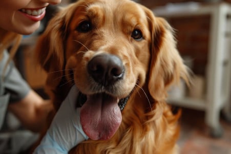 Vet checking the open mouth of a Golden Retriever, holding its tongue with gauze in a clinic